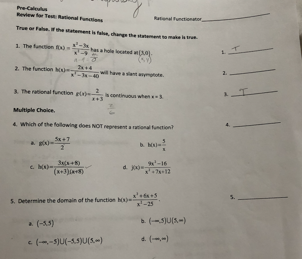 Solved Pre Calculus Review For Test Rational Functions True Chegg Com