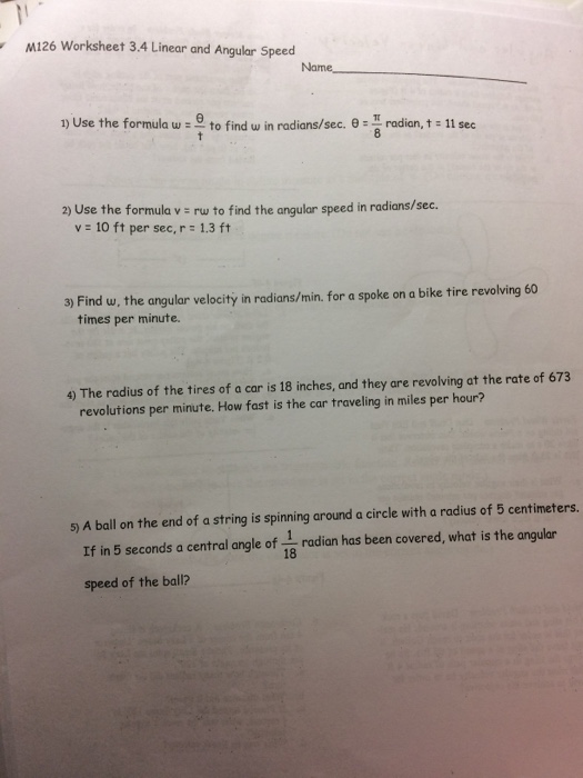 Solved M126 Worksheet 3 4 Linear And Angular Speed Name 1 Chegg Com