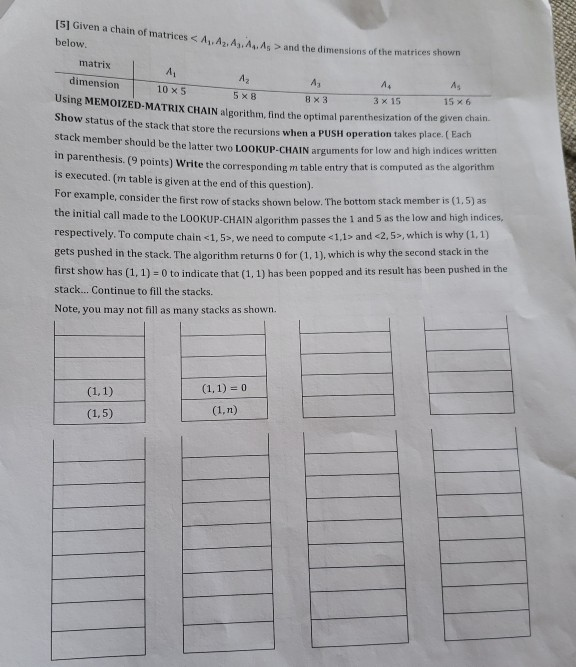15] Given a chain of matrices c A Az, Ay,An.As > and the dimensions of the m below. atrices shown matrix A1 10 x 5 Using MEMO