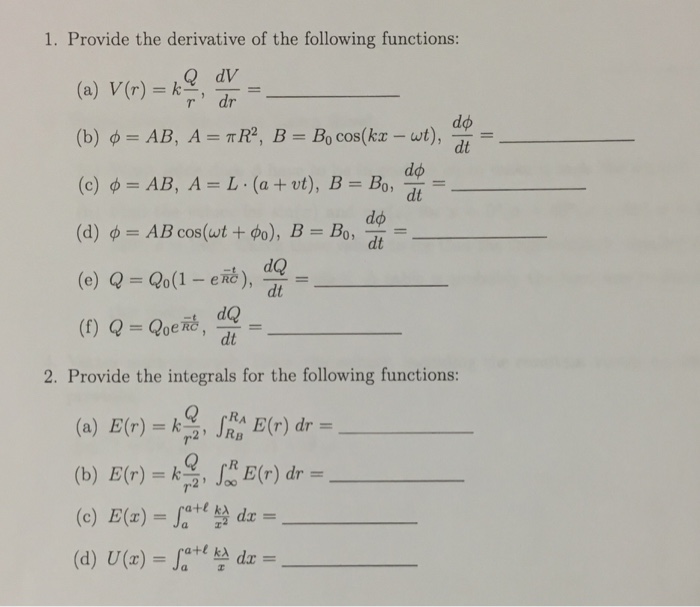 Solved 1 Provide The Derivative Of The Following Functio Chegg Com