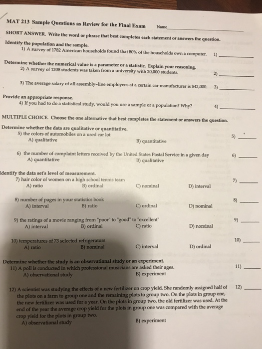 Solved Mat 213 Sample Questions As Review For The Final E