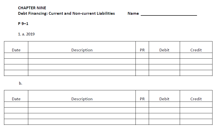 CHAPTER nine debt financing: current and non-current liabilities p9-1 1. a. 2019 name description debit credit date pr b. des