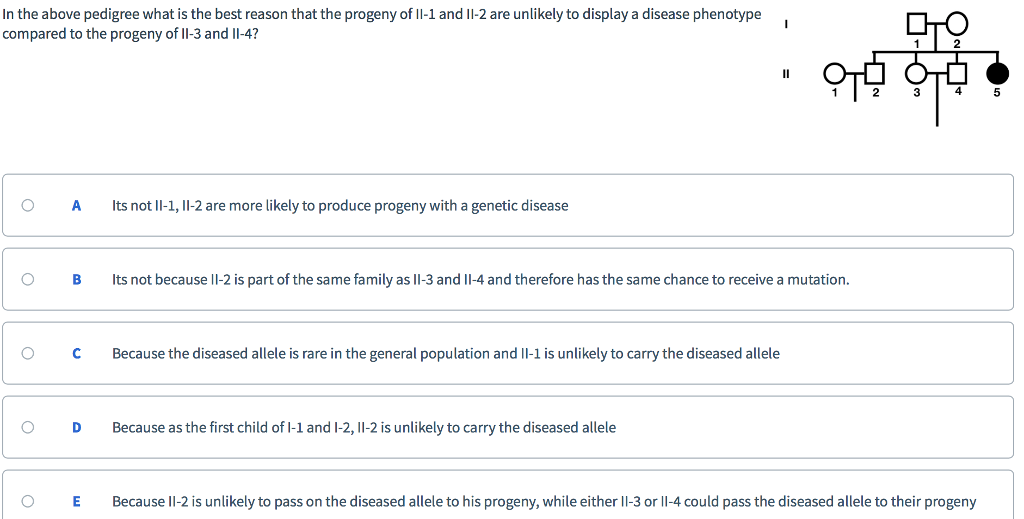 In the above pedigree what is the best reason that the progeny of Il-1 and lI-2 are unlikely to display a disease phenotype compared to the progeny of ll-3 and II-4? , CTO 4 O Atsno-1, II-2 are more likely to produce progeny with a genetic disease O Bts not because II-2 is part of the same family as II-3 and Il-4 and therefore has the same chance to receive a mutation. OCBecause the diseased allele is rare in the general population and I-1 is unlikely to carry the diseased allele O D Because as the first child of I-1 and I-2, l-2 is unlikely to carry the diseased allele O Because ll-2 is unlikely to pass on the diseased allele to his progeny, while either lI-3 or ll-4 could pass the diseased allele to their progeny