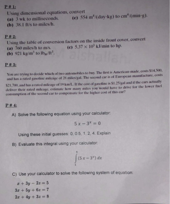 Solved Using Dimensional Equations Convert A 3 Wk To M Chegg Com