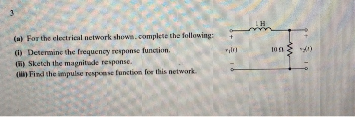 1 H (a) For the electrical network shown. complete the following: (i) Determine the frequency response function. (ii) Sketch the magnitude response. (ii) Find the impulse response function for this network + i(C)