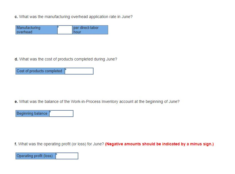 c. What was the manufacturing overhead application rate in June? Manufacturing overhead per direct-labor our d. What was the