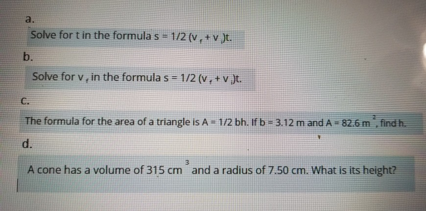 Solved A Solve For T In The Formula S 1 2 V V T B S Chegg Com