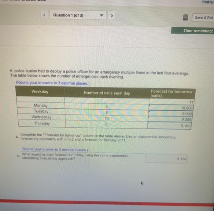 instru Save & Exit Question 1 (of 3) Time remaining: a police officer for an emergency multiple times in the last four evenings. A police station had to-deploy The table below shows the number of emergencies each evening Round your answers to 3 decimal places) Forecast for tomorrow (calls) Weekday Number of calls each day Monday Tuesday Wednesday Thursday 10.000 9.000 9.200 9 160 10 Complete the Forecast for tomorrow column in the table above. Use an exponential smoothing forecasting approach, with a 0 2 and a forecast for Monday of 11 a. Round your answer to 3 decimal places) What would be their forecast for Friday using the same exponential smoothing forecasting approach? 9.128