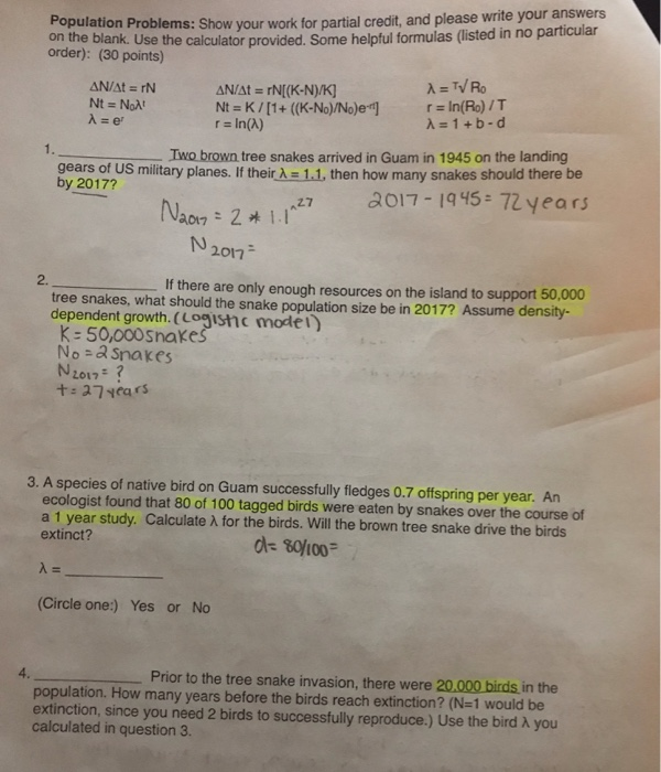 Solved Population Problems Show Your Work For Partial Cr