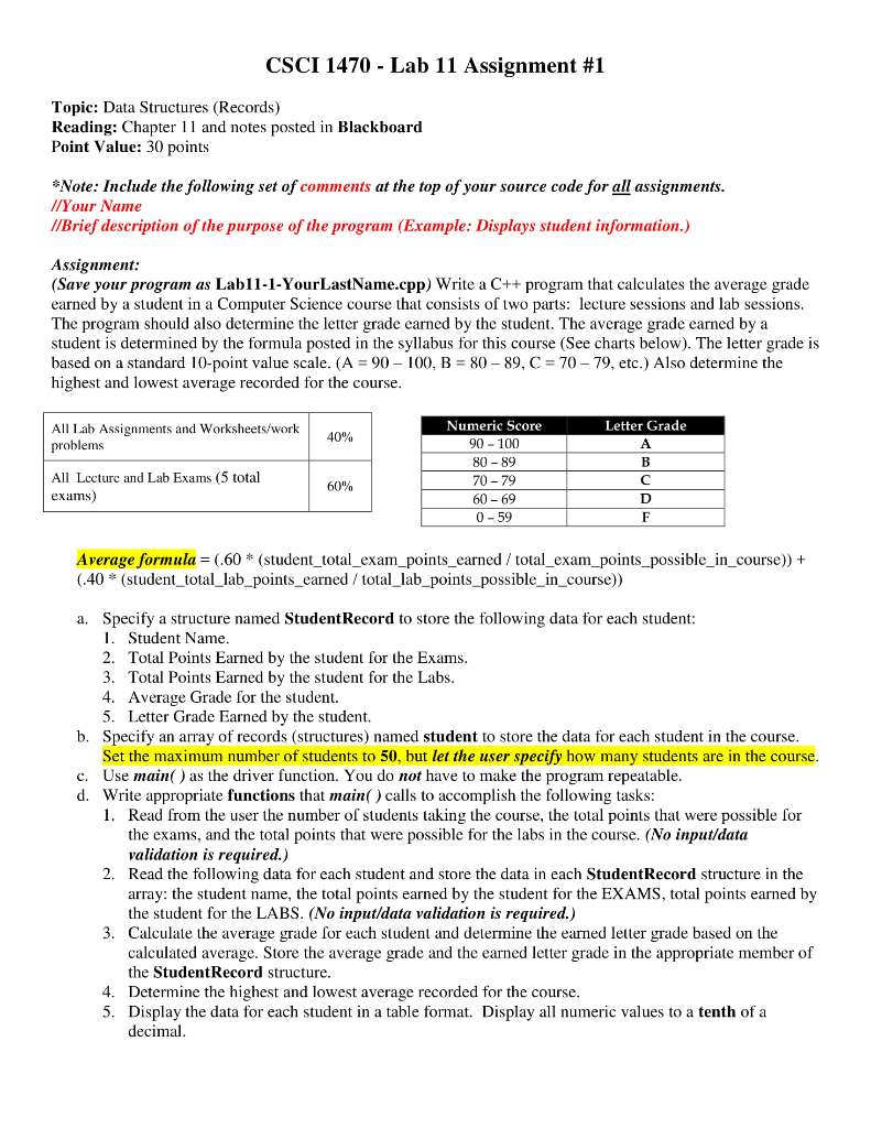 Csci 1470 Lab 11 Assignment 1 Topic Data Structures Chegg Com