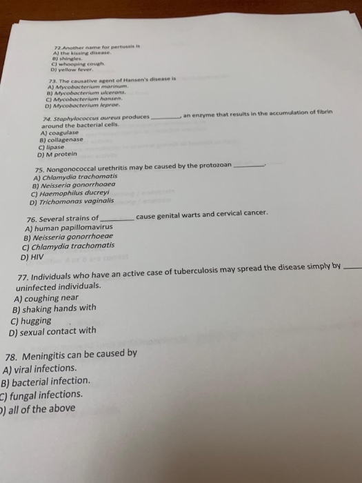 Solved 72 Another Name For Pertussis Is A The Kissing Di