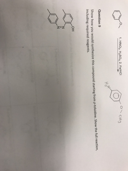 O. 1. HNOg, H2SO4, 2. Fe/HCl Question9 Show how you would synthesize this compound starting from p-toluidine. Show the full reaction, including required reagents. OH