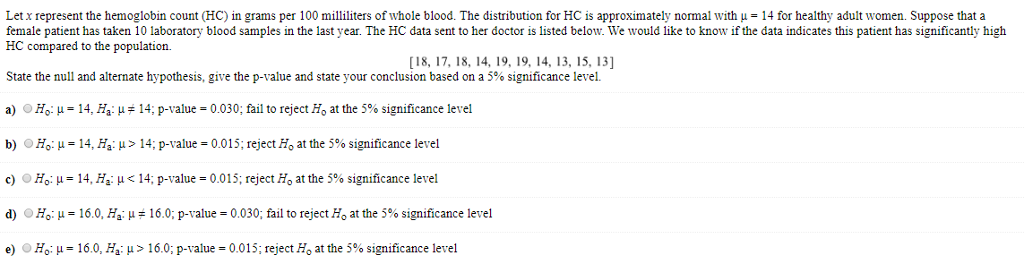 Solved Letx Represent The Hemoglobin Count Hc In Grams Pe Chegg Com