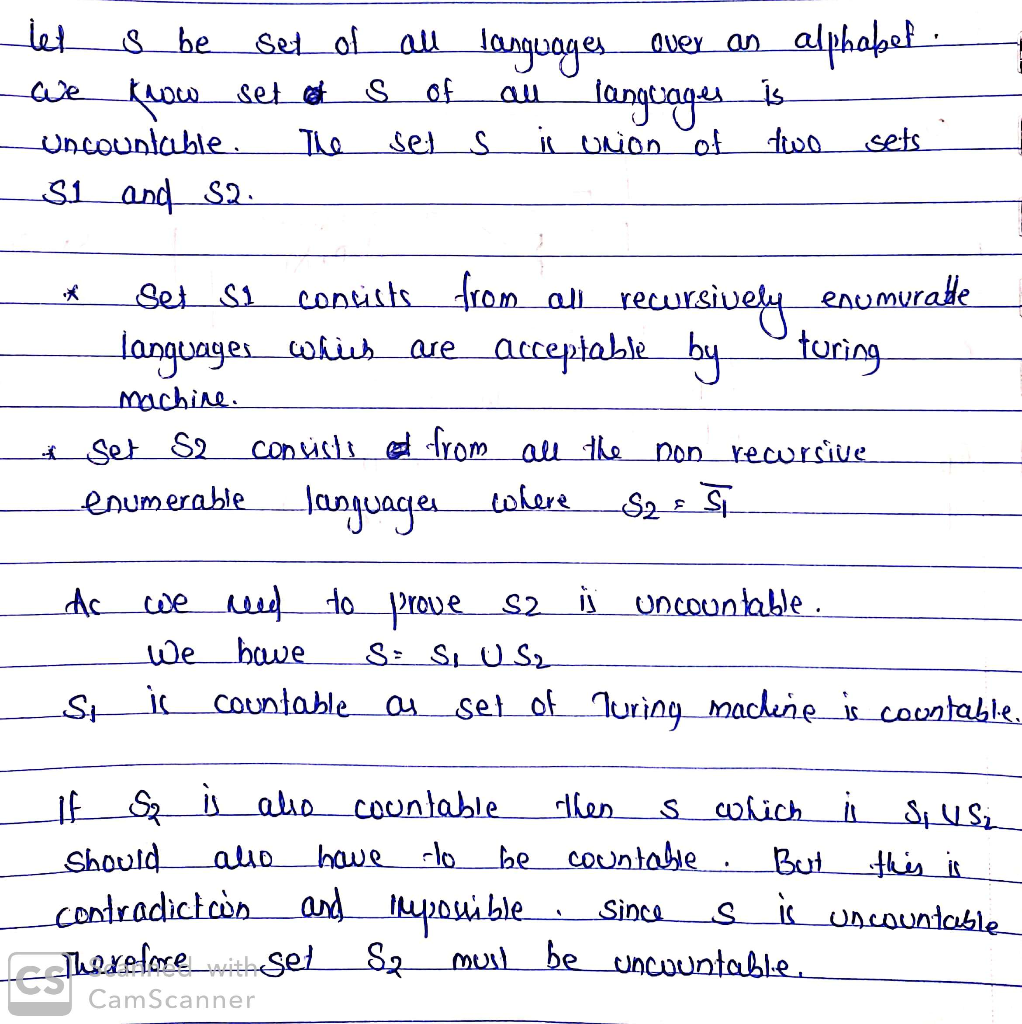 S1 languagy lecoare acceptable bu to toring enumerable language tokar* S2 si counlable os set of e s cauntable condradiclcon