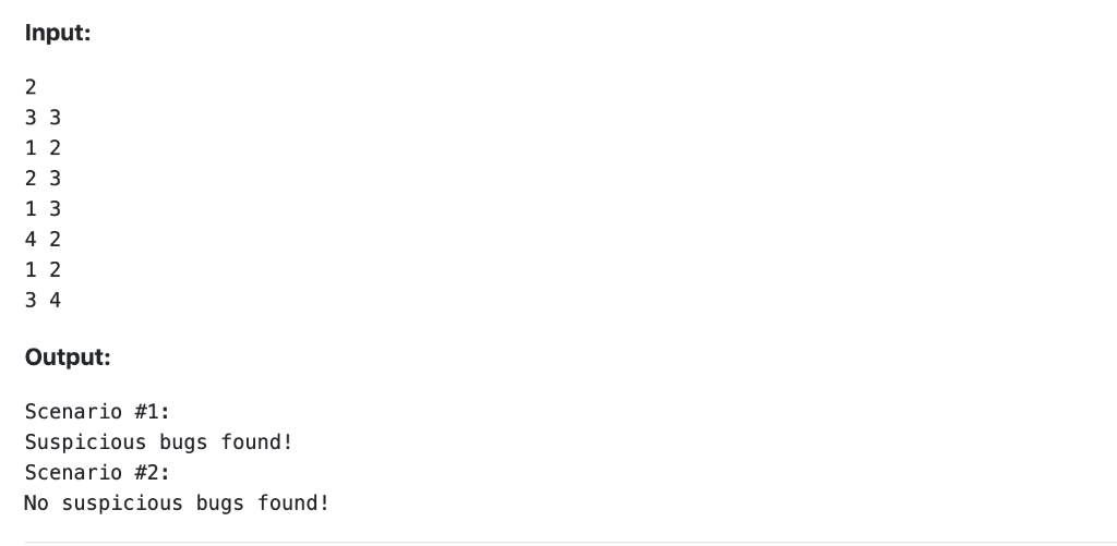 Input: 1 2 2 3 1 3 4 2 1 2 3 4 Output: Scenario #1: Suspicious bugs found! Scena rio #2 : No suspicious bugs found!