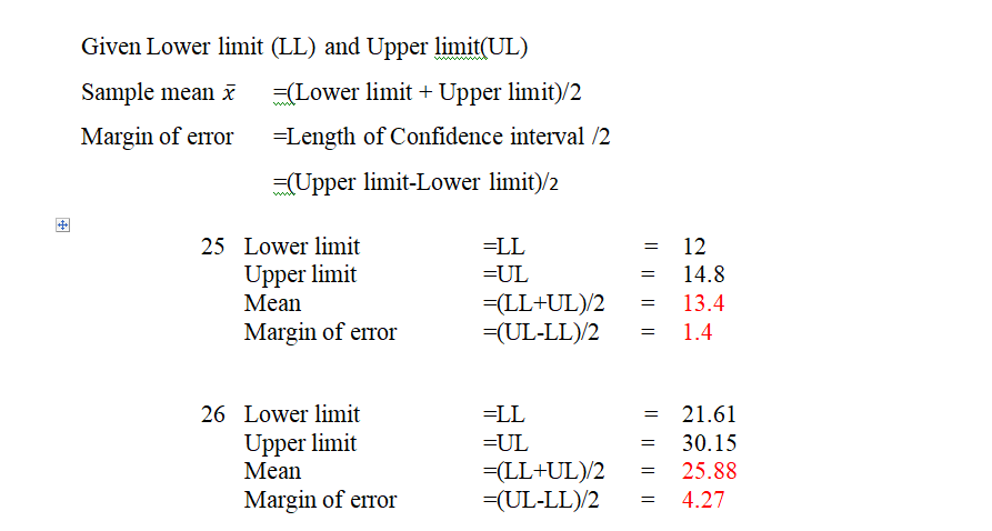 Given Lower limit (LL) and Upper limit(UL) Sample mean x ?Lower limit + Upper limit)/2 Margin of error -Length of Confidence