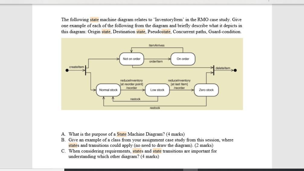 The following state machine diagram relates to ‘Inventor Item, in the RMO case study. Give one example of each of the following from the diagram and briefly describe what it depicts in this diagram: Origin state, Destination state, Pseudostate, Concurrent paths, Guard-condition. Not on orderOn order createltem deleteltem at last item) at reorder point Normal stockLow stock eorderZero stock restock restock A. What is the purpose of a State Machine Diagram? (4 marks) B. Give an example of a class from your assignment case study from this session, where states and transitions could apply (no need to draw the diagram). (2 marks) C. When considering requirements, states and state transitions are important for understanding which other diagram? (4 marks)