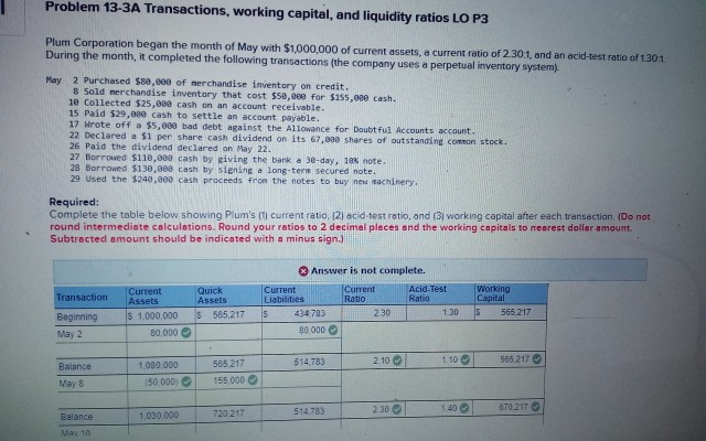 Solved Problem 13 3a Transactions Working Capital And L Chegg Com