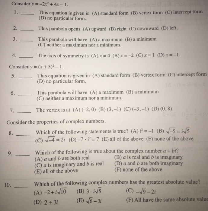 Solved Consider Y 2x2 4x 1 This Equation Is Given In Chegg Com