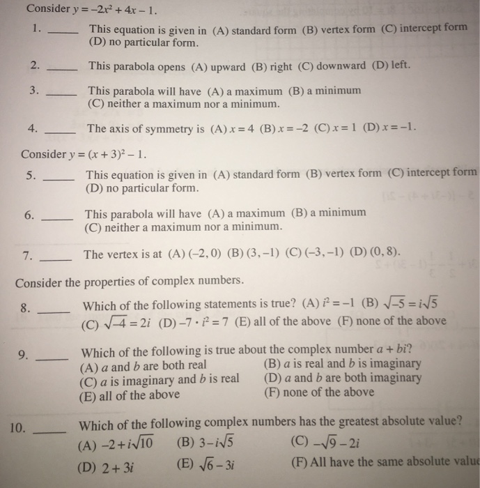 Solved Consider Y 2x2 4x 1 This Equation Is Given In Chegg Com