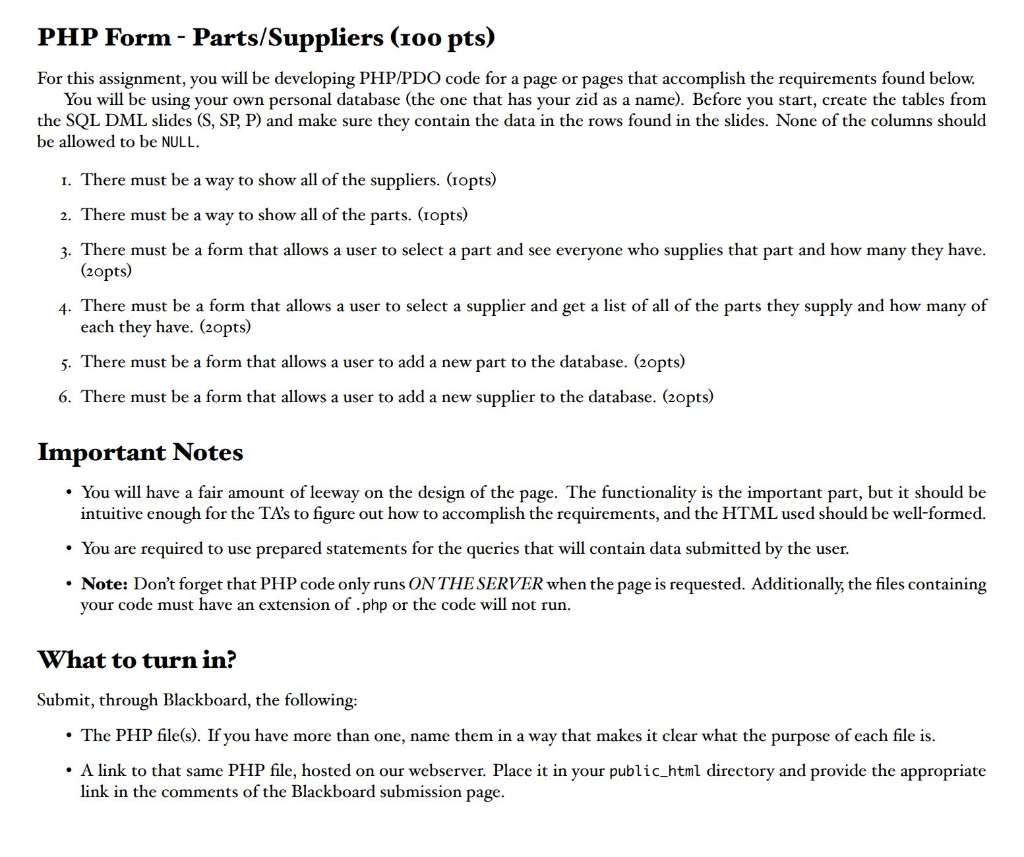 PHP Form Parts/Suppliers (1oo pts) For this assignment, you will be developing PHP/PDO code for a page or pages that accompli