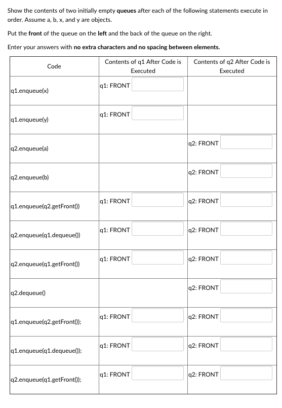 Show the contents of two initially empty queues after each of the following statements execute in order. Assume a, b, x, and