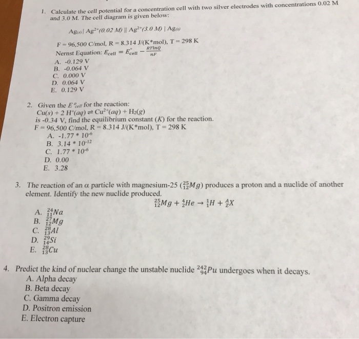 Solved Calculate The Cell Potential For A Concentration C Chegg Com