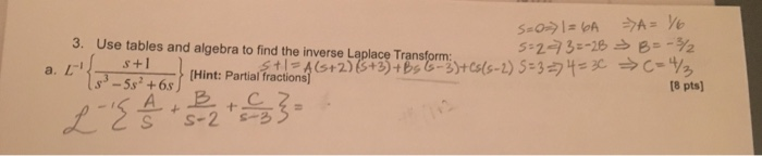 3. Use tables and algebratoindthoninverseLaplaceTrans or 3Hs(s-2)5+3 c-ypts) tex 18 pts) a. L-1にーーーート(Hint: Partialfractionsl 3-5s2 +6s