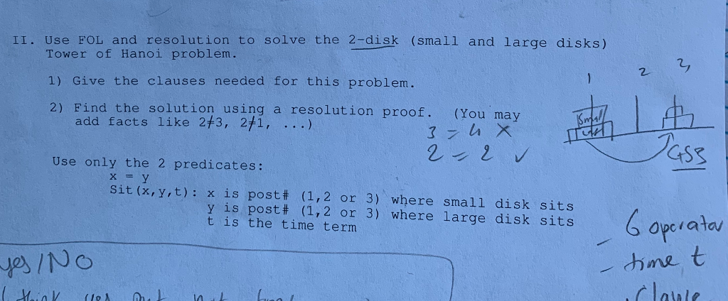 II. Use FOL and resolution to solve the 2-disk (small and large disks) Tower of Hanoi problem. 1) Give the clauses needed for