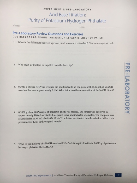 Experiment 6 Pre Laboratory Acid Base Titration Chegg 