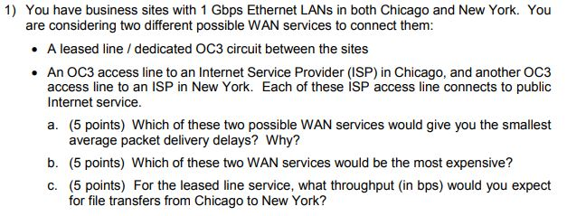 1) You have business sites with 1 Gbps Ethernet LANs in both Chicago and New York. You are considering two different possible