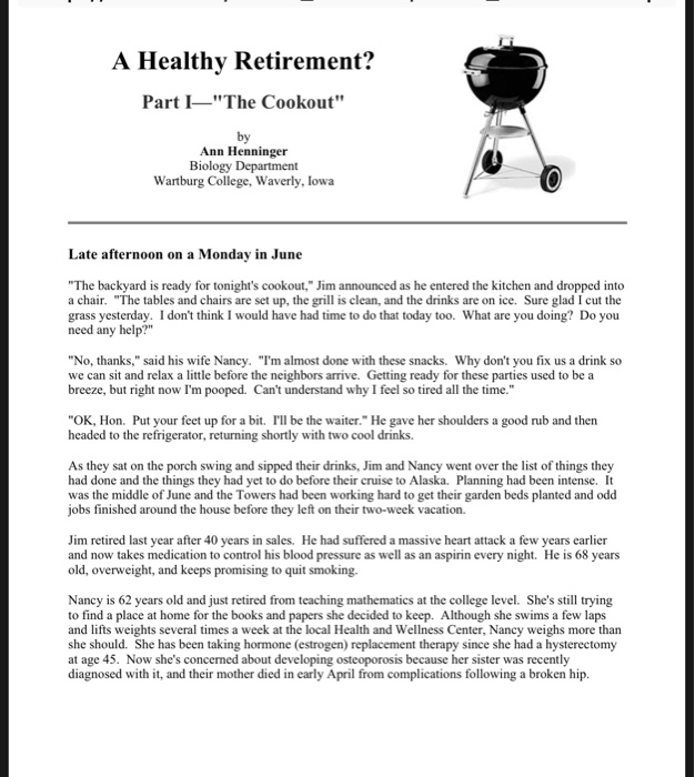 Solved A Healthy Retirement Part The Cookout By Ann H Chegg Com