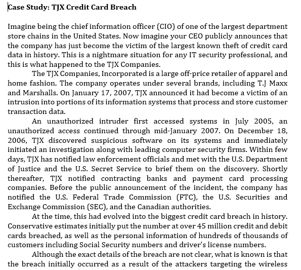Case Study Tjx Credit Card Breach Imagine Being The Chegg Com