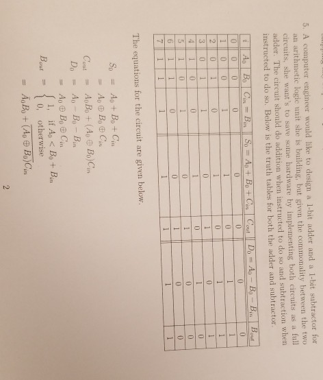 5. A computer engineer would like to design a 1-bit adder and a 1-bit subtractor for an arithmetic logic unit she is building