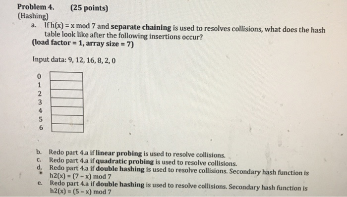 (25 points) Problem 4. (Hashing) a. If h (x)-x mod 7 and separate chaining is used to resolves collisions, what does the hash