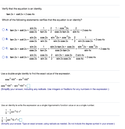 Solved Verify That The Equation Is An Identity Tan 2x Chegg Com