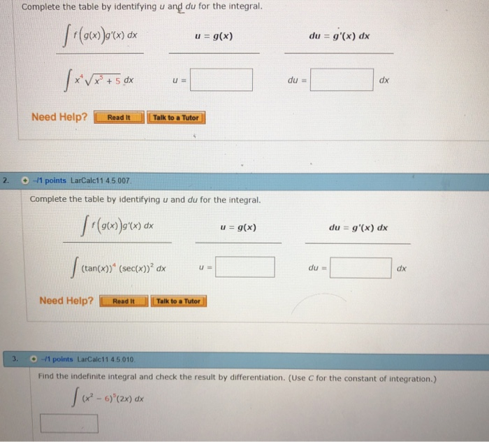 Solved Complete The Table By Identifying U And Du For The Chegg Com