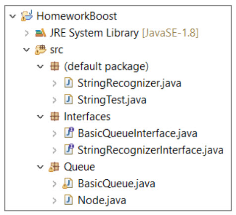 ˇ HomeworkBoost JRE System Library [JavaSE-1.8] ˇ罗src (default package) ˇ StringRecognizer.java StringTest.java ˇ串Interfaces