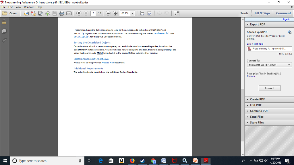 Programming Assignment 04 Instructions.pdf (SECURED) - Adobe Reader File Edit View Window Help Tools Fill 8 Sign Comment 6679