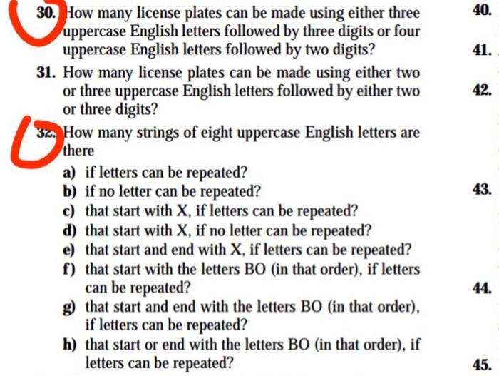 40. 41. 42. 30. How many license plates can be made using either three uppercase English letters followed by three digits or