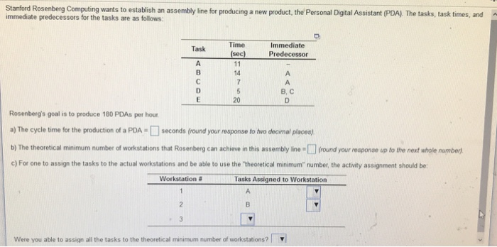 Stanford Rosenberg Computing wants to establish an assembly line for producing a new product, the Personal Digital Assistant (PDA). The tasks, task times, and immediate predecessors for the tasks are as follows Time (sec) Immediate Predecessor Task B. C 20 Rosenbergs goal is to produce 180 PDAs per hour a) The cycle time for the production of a PDAseconds (round your response to two decimal places) b) The theoretical minimum number of workstations that Rosenberg can achieve in this assembly line(round your response up to the next whole numbe c) For one to assign the tasks to the actual workstations and be able to use the theoretical minimum number, the activity assignment should be workstation # Were you able to assign all the tasks to the theoretical minimum number of workstations?