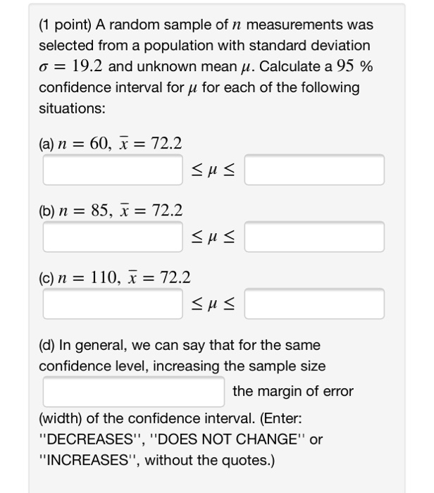 Solved 1 Point A Random Sample Of N Measurements Was Se Chegg Com