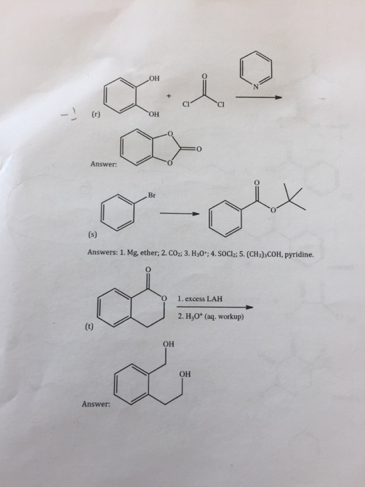 Question & Answer: I am having trouble with these reaction blanks, if you could help i would greatly appreciate it!..... 1 OH Cl 1 r) Answer: Br Answers: 1. Mg ether; 2. CO; 3. H,0: 4. S0Cla: 5. (CH)aCOH, pyridine. O 1. excess LAH 2. H,O (aq. workup) OH OH Answer:
