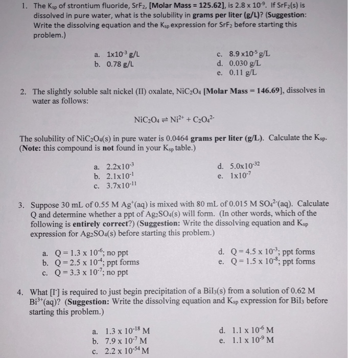 Solved 1 The Ksp Of Strontium Fluoride Srf2 Molar Mas Chegg Com