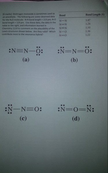 16 marks) Dinitrogen monoxide is sometimes used as an anesthetic. The following are some observed data for the N 0 molecule: N-N bond length 113 pm; N-O bond length- 119 pm. Use these data, the data in the table to the right, and information learned in Chemistry 1110 to comment on the plausibility of the NN Lewis structures shown below. Are they valid? Which N-o contribute most to the resonance hybrid? Bond Bond Length (A) 1.47 1.24 1.10 1.36 1.22