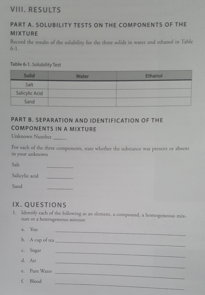 RESULTS VIII. COMP A. ... PART THE TESTS Solved: SOLUBILITY ON