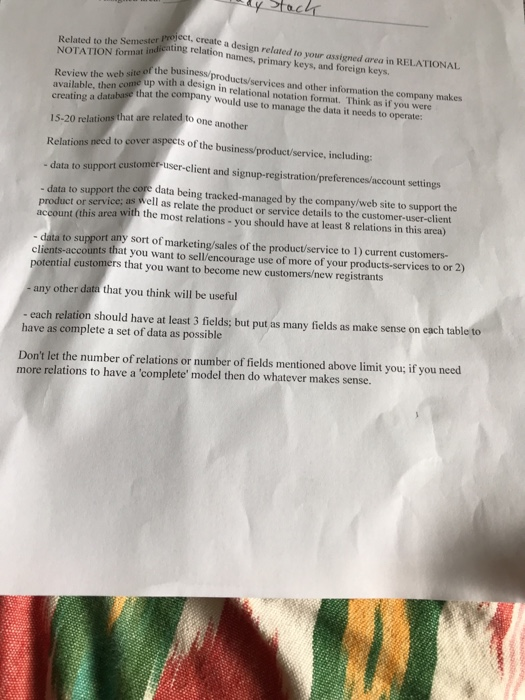 er project, create a design related to your assigned area in RELATIONAL NOTATION format indicating relation on names, primary keys, and foreign keys web site of busir oe that the the business/products/services and other information the company makes with a design in relational notation format. Think as if you were Review the available, then c that the company would use to manage the data it needs to operate creating a database 15-20 relations that are related to one aspects of the business/product/service, including: Relations need to cover -data to support customer-user-client and signup-registration/preferences/account settings -data to support the 

<div class=