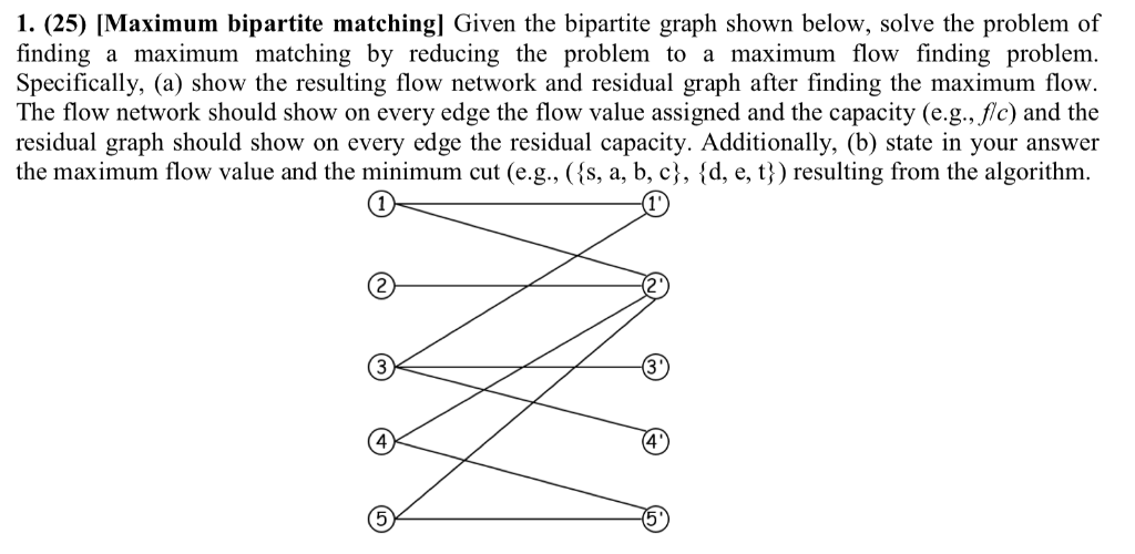 1. (25) [Maximum bipartite matching] Given the bipartite graph shown below, solve the problem of finding a maximum matching b