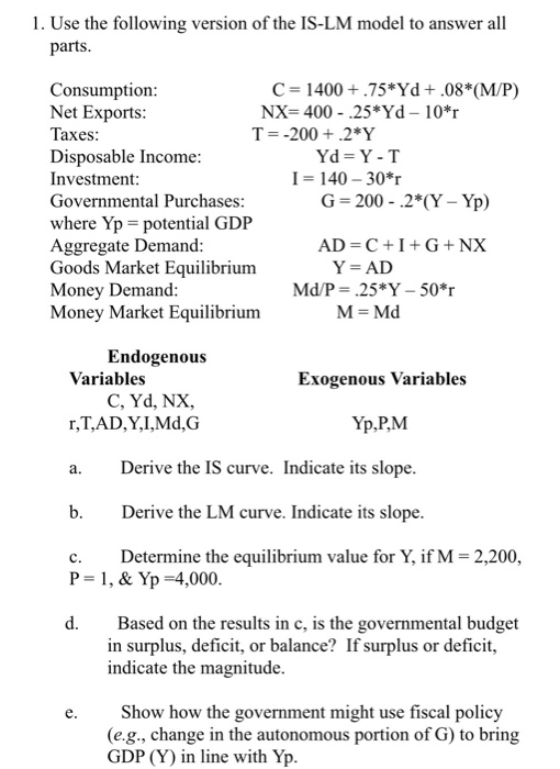 Solved 1 Use The Following Version Of The Is Lm Model To Chegg Com