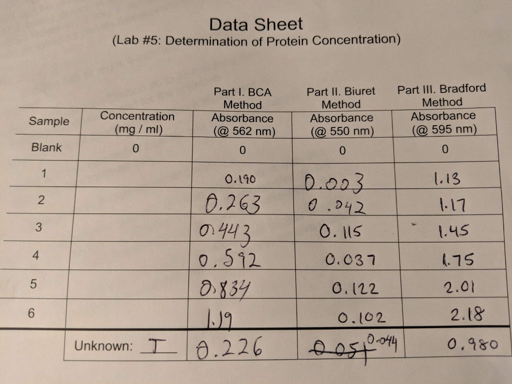 Data Sheet Lab 5 Determination Of Protein Chegg Com